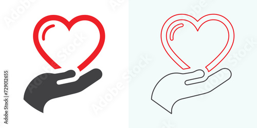 Heart in hand icons set. Hands-holding heart icon. Love icon. Health, medicine symbol. Voluntary signs. St. Valentine's Day concept. Vector isolated on the white background