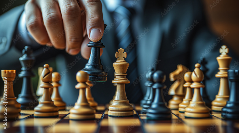 a businessman strategically moving a chess in a competition game of chess, symbolizing business strategy and decision making. a businessman strategically moving a chess in a competition game of chess, symbolizing business strategy and decision making.