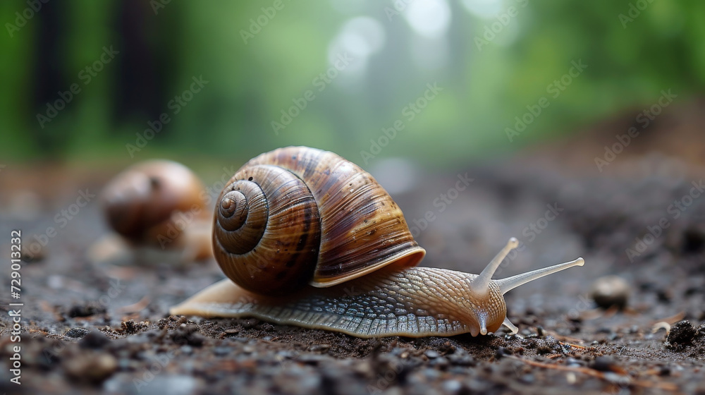 Two snails crawling patiently through wet nature. Two snails crawling patiently through wet nature.