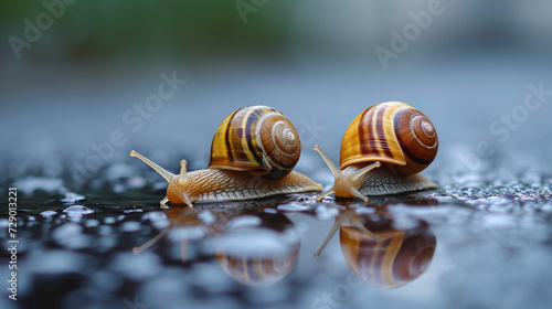 Two snails mirrored on wet surface amidst lush greenery.
