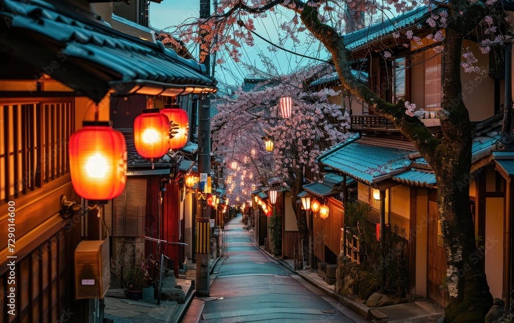 Traditional Japanese Thoroughfare with Adorned Cherry Blossoms