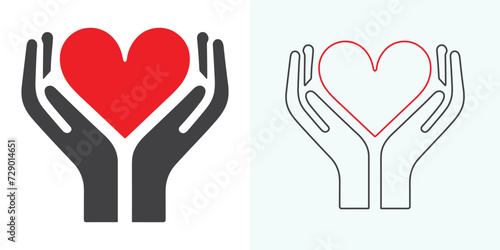 Heart in hand icons set. Hands-holding heart icon. Love icon. Health, medicine symbol. Voluntary signs. St. Valentine's Day concept. Vector isolated on the white background