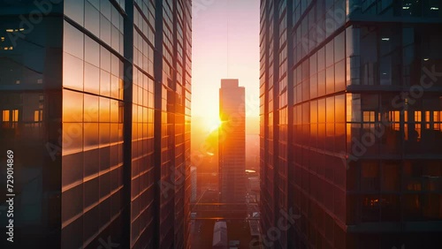 A timelapse of the sun setting over the office building while the interior lights automatically turn on as part of the smart security systems energysaving features. photo