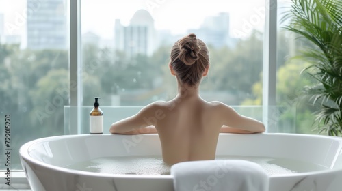 Young girl in bathroom with panoramic view. Generative AI