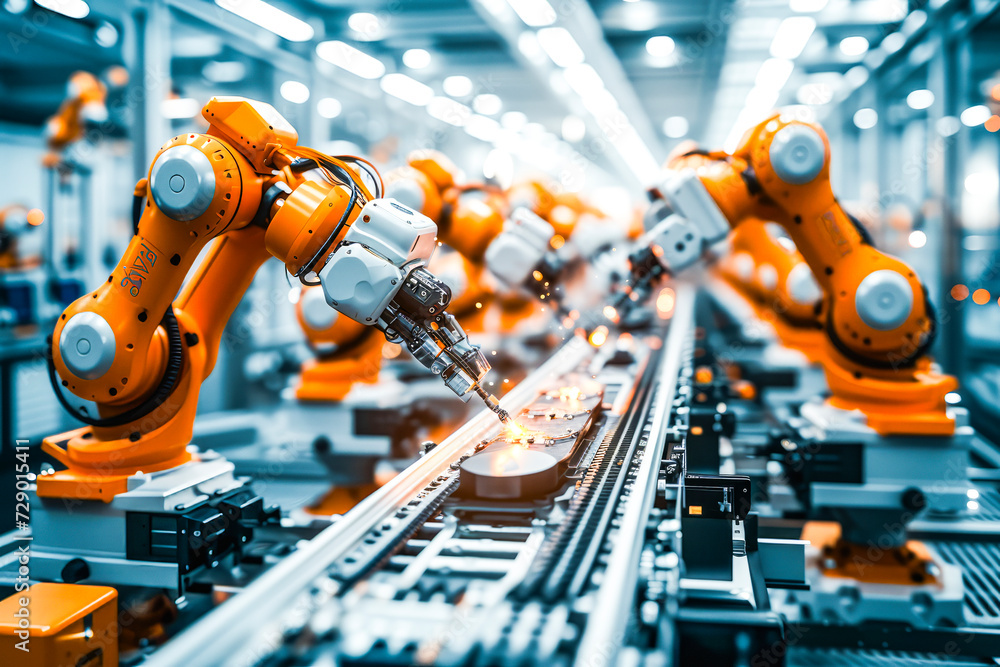 Robotic Arms Assembling Products on Conveyor Belt.