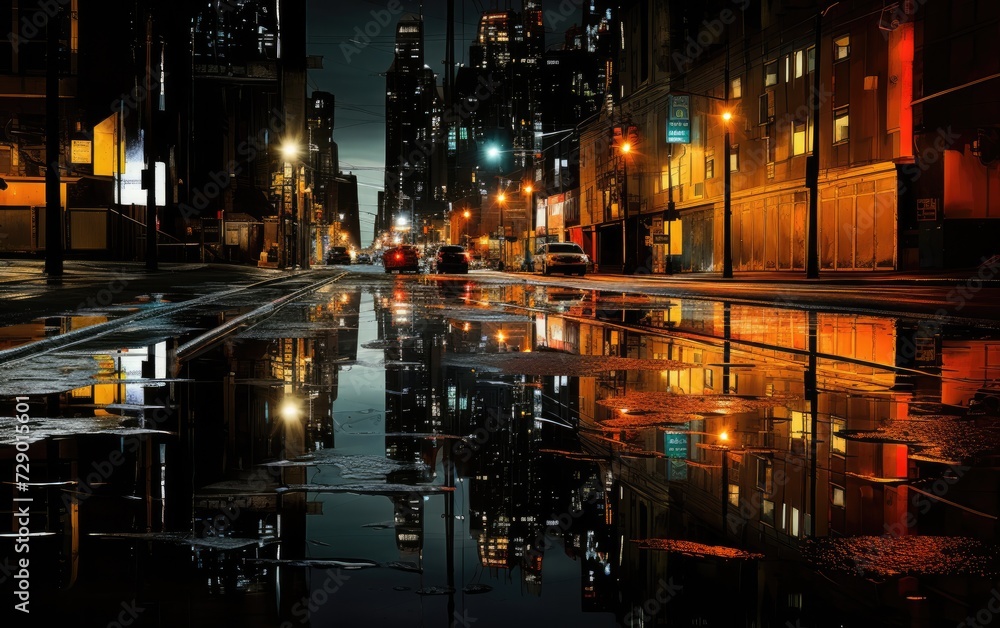 Abstract Cityscape: Rain Puddles Mirror Urban Lights