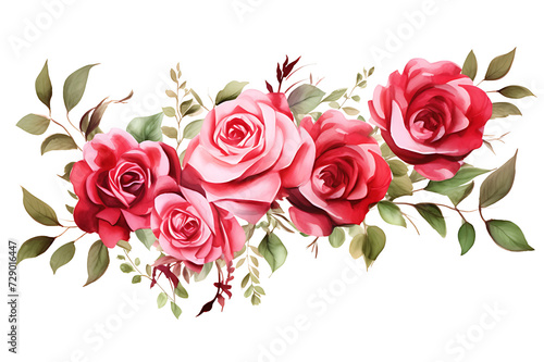 watercolor painting realistic love wreath of pink rose branches and leaves on white background. Clipping path included.