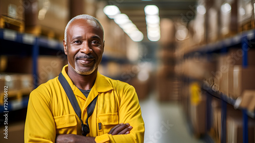 An african postal worker standing next to shelves full of parcels in a warehouse. Postal worker, posts, parcel, delivery, e-commerce concept art.