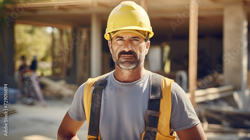 A middle-aged man wearing helmet and vest at a construction site looking at the camera. Bricklayer, worker, construction concept art. © Vikash Kumar