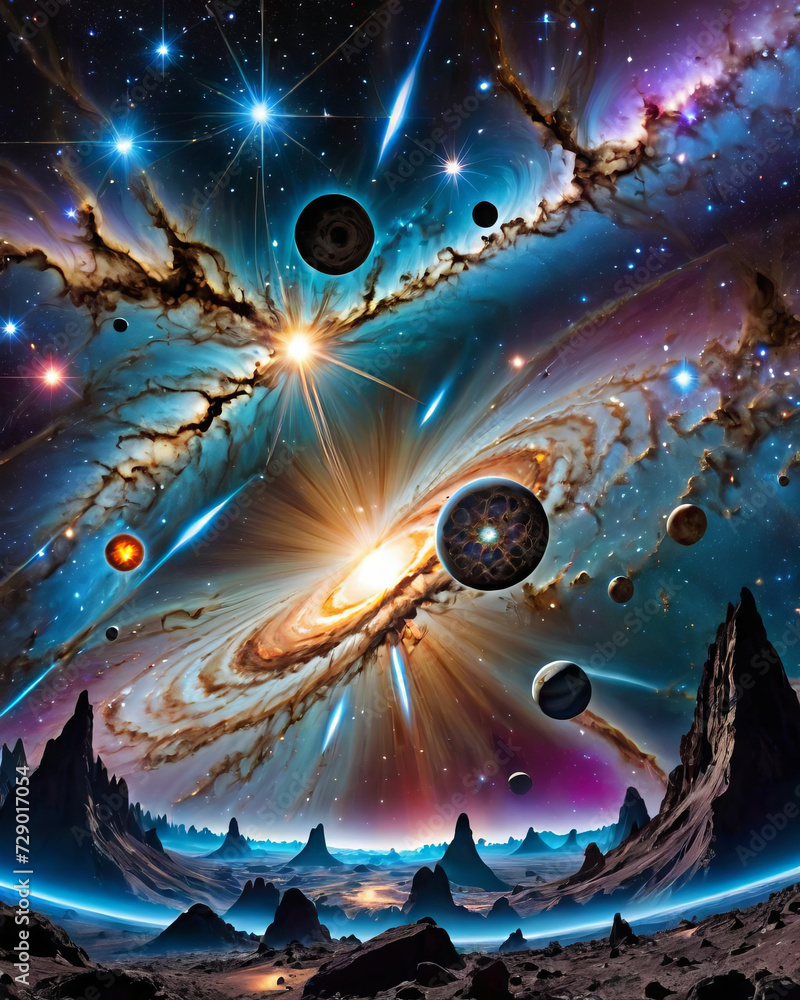 Naklejka premium Ethereal Cosmic Symphony - Solar storm, Asteroid field, and Milky Way in a mesmerizing celestial dance Gen AI