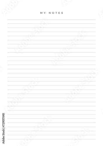 MY NOTES blank sheet of paper with straight parallel lines on white isolated background. Vector illustration.