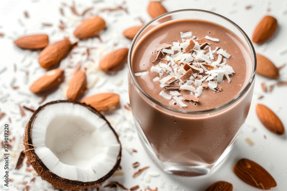 chocolate smoothie with almonds and coconut shavings on a white table chocolate smoothie with almonds and coconut shavings on a white table