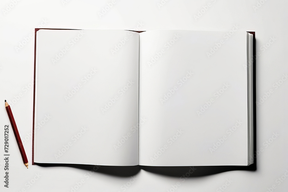 Top-Down View of Open Book with Blank Page and Pen on Flat Background. Top-Down View of Open Book with Blank Page and Pen on Flat Background.