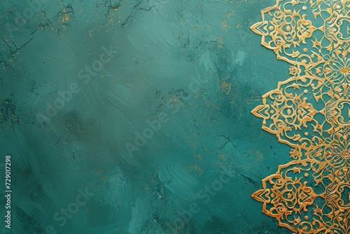 A Gold Gradient Dark Green and Flat Style with an Islamic Ornament on the Side, against a Pastel Blue Background. © MdImam