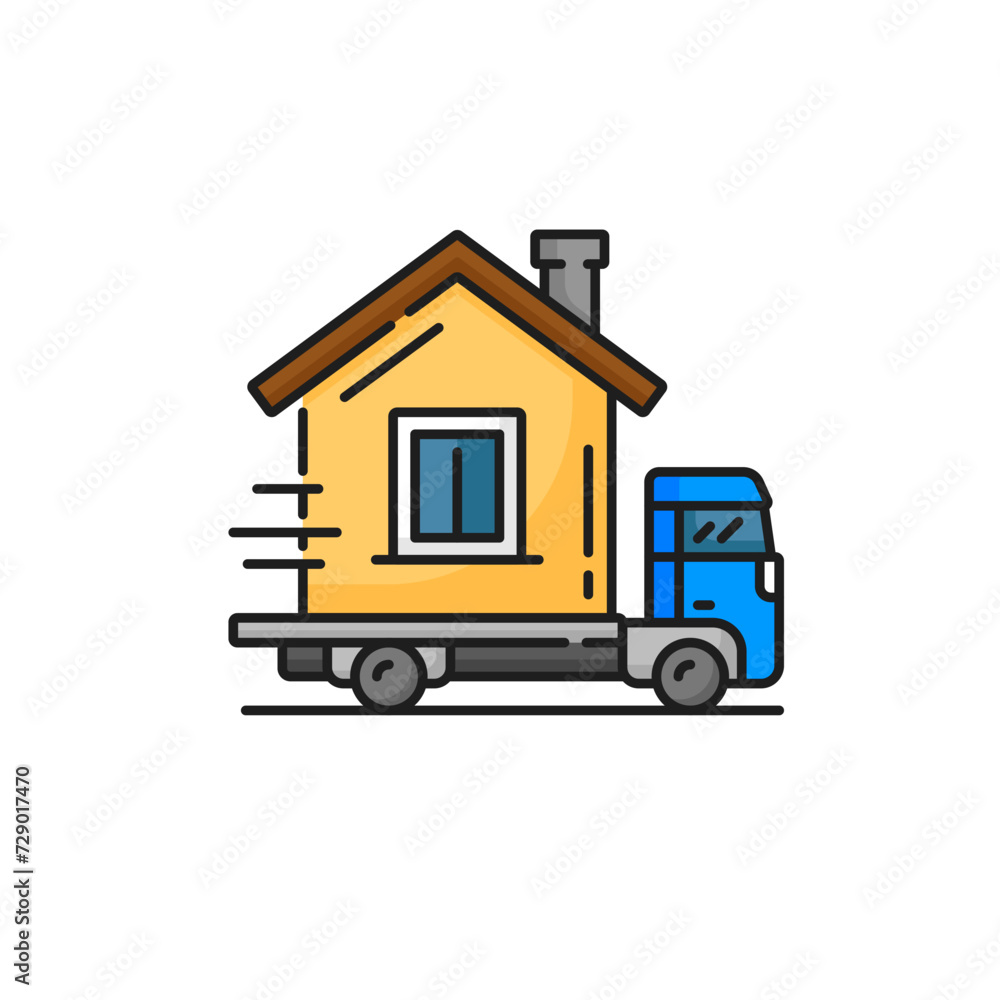 Real estate, house moving service linear color icon. Real estate rent, sale or mortgage, apartment insurance, home loan and purchase line vector icon or pictogram with truck moving house Real estate, house moving service linear color icon. Real estate rent, sale or mortgage, apartment insurance, home loan and purchase line vector icon or pictogram with truck moving house