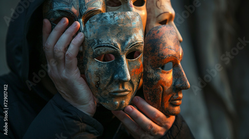 Fotografia Man with a collection of masks, each symbolizing the ambiguity and deception in