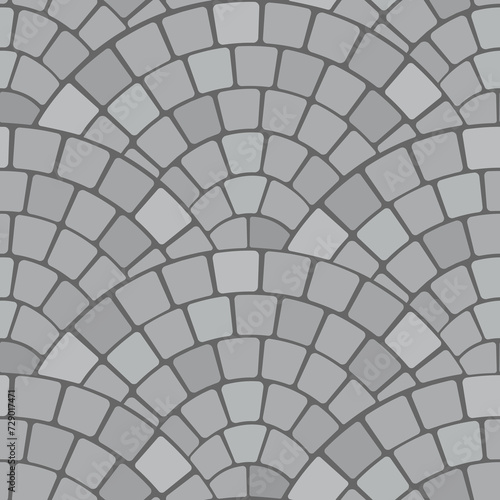 Cobble fan or European pavement tile pattern, grey cobblestone for street or alley. Vector pebble paved sidewalk, granite blocks top view plan