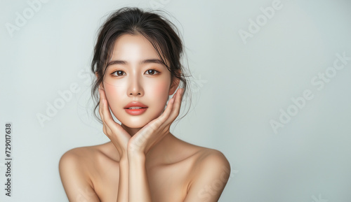Beautiful young Asian woman, white, smooth, clean face. Studio atmosphere, advertising concept for cosmetics, spa, beauty clinic, Generative AI