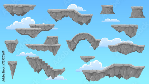 Cartoon rock stone game platforms. Vector set of floating islands in cloudy sky, game level 2d design. Ui nature locations, flying arches and stairs elements for jumping, pc or mobile arcade graphics