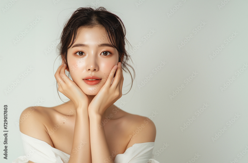 Beautiful young Asian woman, white, smooth, clean face. Studio atmosphere, advertising concept for cosmetics, spa, beauty clinic, Generative AI Beautiful young Asian woman, white, smooth, clean face. Studio atmosphere, advertising concept for cosmetics, spa, beauty clinic, Generative AI