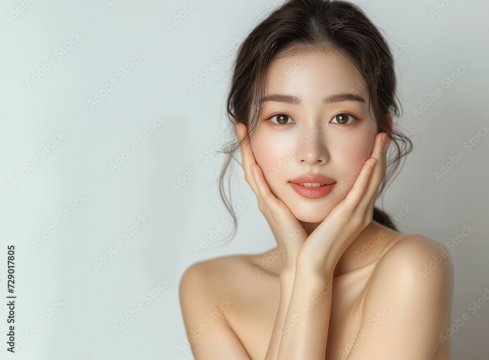 Beautiful young Asian woman, white, smooth, clean face. Studio atmosphere, advertising concept for cosmetics, spa, beauty clinic, Generative AI Beautiful young Asian woman, white, smooth, clean face. Studio atmosphere, advertising concept for cosmetics, spa, beauty clinic, Generative AI