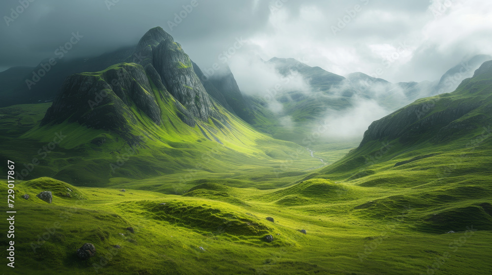 Misty valleys and verdant hills in the Scottish Highlands. - obrazy, fototapety, plakaty 