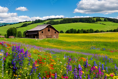 Rustic barn amid rolling hills and vibrant wildflowers. Generative AI