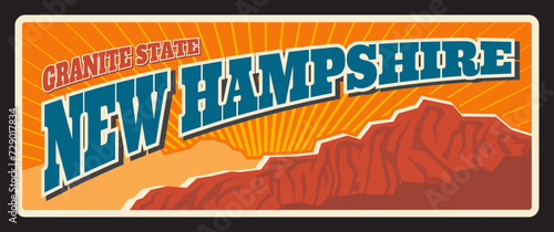 New Hampshire american granite state, vintage travel plate. Vector tin plaque, sign for tourist destination, retro board, antique signboard typography. Touristic Concord capital, Manchester city photo