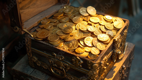 Chestful of fortune, brimming with glittering gold coins, rare valuables, and collectible riches from a historical legacy photo