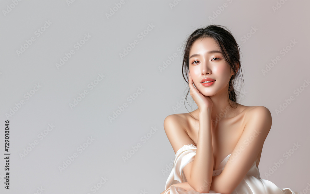 Beautiful young Asian woman, white, smooth, clean face. Studio atmosphere, advertising concept for cosmetics, spa, beauty clinic, Generative AI Beautiful young Asian woman, white, smooth, clean face. Studio atmosphere, advertising concept for cosmetics, spa, beauty clinic, Generative AI