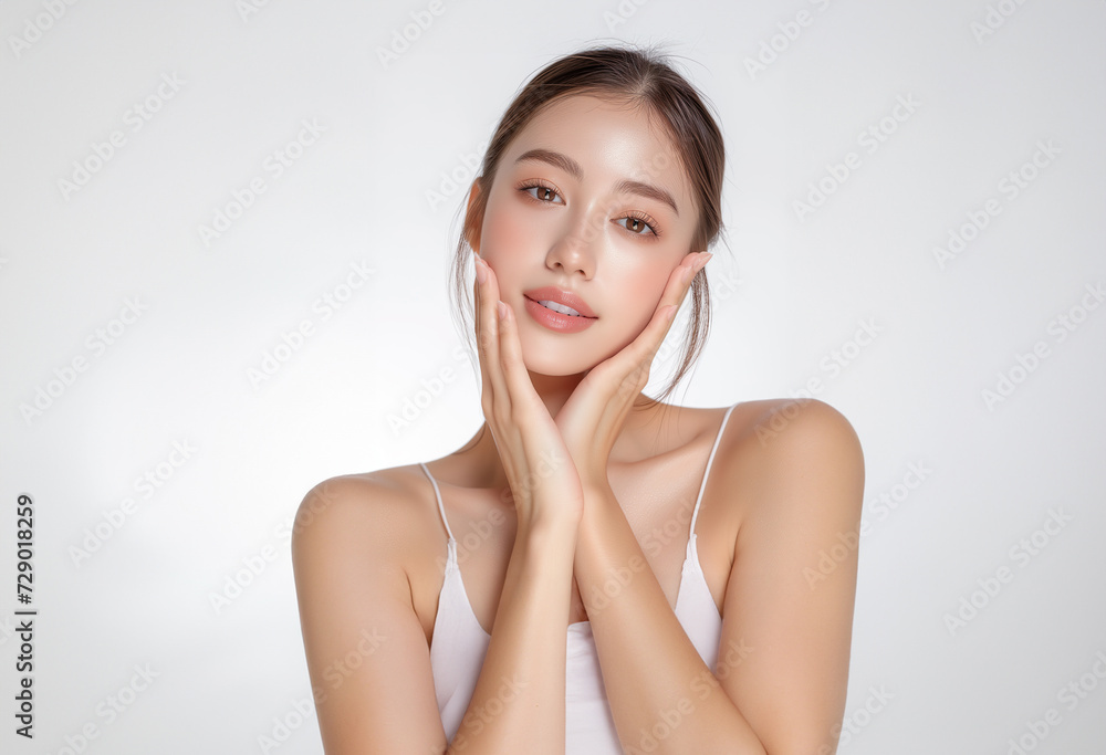 Beautiful young woman, white, smooth, clean face. Studio atmosphere, advertising concept for cosmetics, spa, beauty clinic, Generative AI Beautiful young woman, white, smooth, clean face. Studio atmosphere, advertising concept for cosmetics, spa, beauty clinic, Generative AI