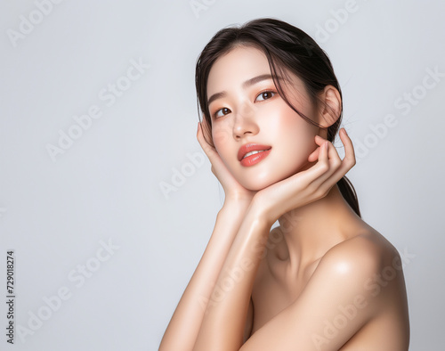 Beautiful young Asian woman, white, smooth, clean face. Studio atmosphere, advertising concept for cosmetics, spa, beauty clinic, Generative AI