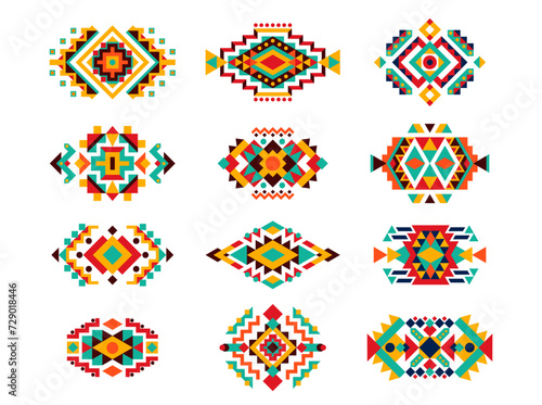 Mexican tribal folk motif patterns. Ethnic ornament vector set, feature vibrant ornamentation, bold colors, and symbolic elements that reflect the rich cultural heritage of indigenous communities