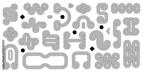 Geometric line zen arch patterns, nordic figures and stroke shapes. Vintage line art geometric shapes, minimal abstract nordic figures, monochrome vector arch patterns collection