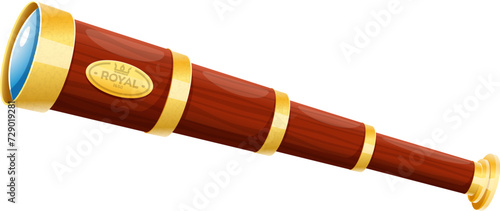 Cartoon spyglass, vintage nautical pirate telescope. Isolated vector navigation instrument for looking on distance. Captain or sailor optical tool, naval equipment, marine retro glass item