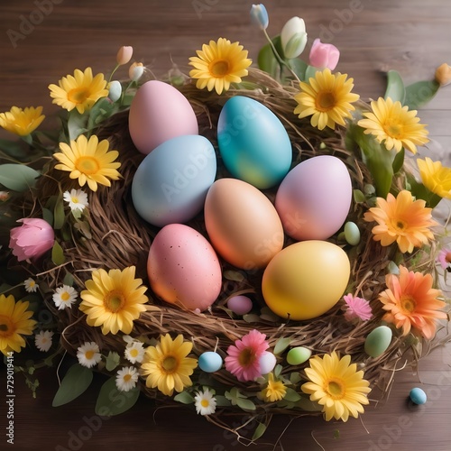 Easter eggs with sweets and flowers on beige. Happy Easter concept. White and blue eggs and cute nest with candy