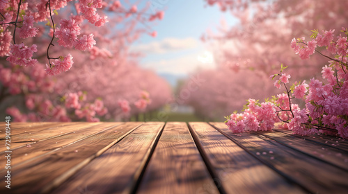 Spring Flowers Arranged on a Wooden Table and in a Garden  Featuring Pink Cherry Blossoms and Vibrant Blooms