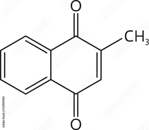 Vitamin k3 or menadione molecular formula c11h8o2. Isolated vector chemical scientific structure consists of a naphthoquinone core with a side chain. Essential nutrient plays a role in blood clotting