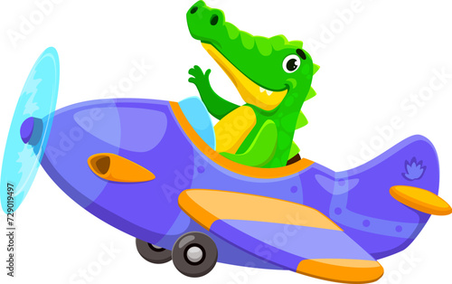 Baby animal character on plane. Cartoon animal crocodile kid airplane pilot. Isolated vector cute alligator cub joyfully maneuvers a tiny vintage aeroplane through the skies with its adventurous charm