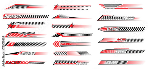 Red race sport car stripe stickers, racing line decals. Bike championship victory or wining banners, car race competition checkered flag pattern or motocross sport decals with finish or start flag photo