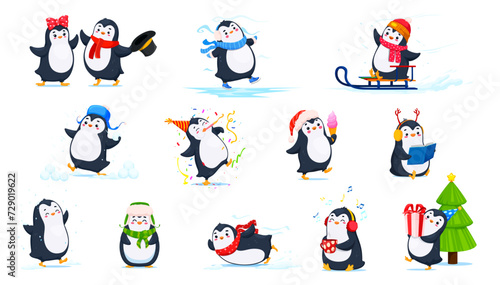 Cartoon cute funny penguin characters doing Christmas winter holiday activities. Happy penguin birds vector personages with snow, sled, hats and scarves, Xmas tree, gift, ice skates and snowballs