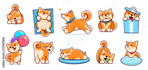 Cartoon kawaii cute pet shiba inu dog and puppy characters. Funny pet animals vector personages of japanese breed, happy baby dogs playing with ball and bone toys. Shiba inu puppies sleeping, running