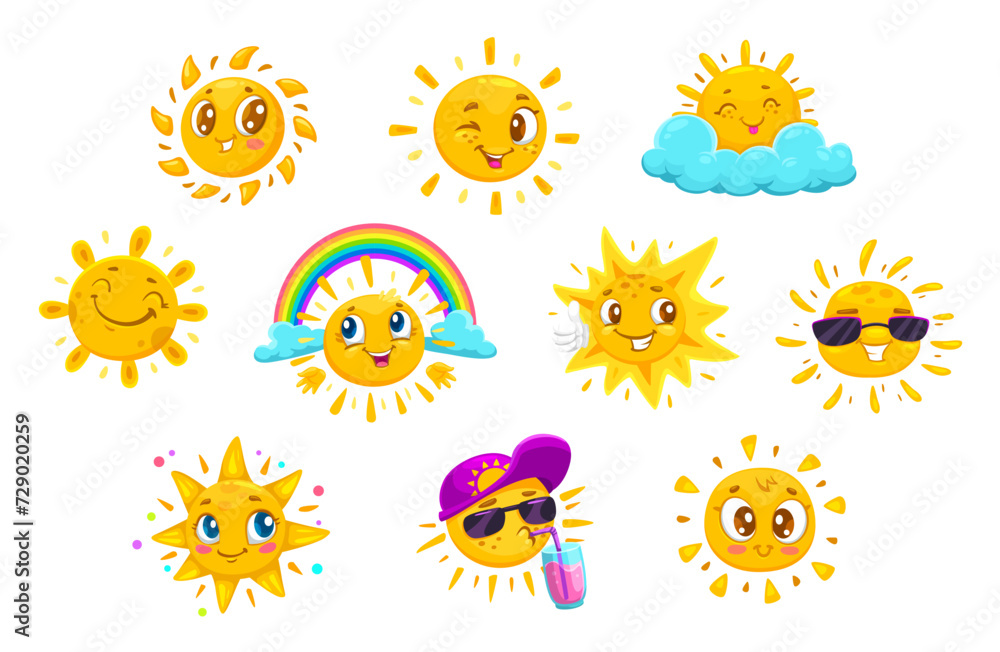 Cartoon summer and weather sun characters, kawaii faces. Isolated vector set of adorable solar personages with big eyes and smiles, wear sunglasses, drink cocktail, sleeping on cloud with rainbow Cartoon summer and weather sun characters, kawaii faces. Isolated vector set of adorable solar personages with big eyes and smiles, wear sunglasses, drink cocktail, sleeping on cloud with rainbow