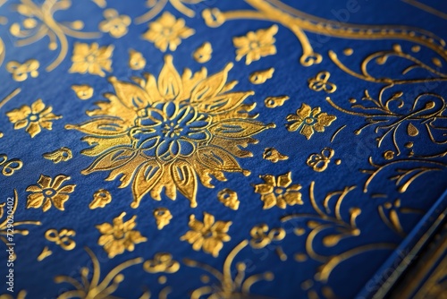 A Simple Beautiful Wedding Invitation Design, Muslim Art Style, Featuring a Harmonious Palette of Gold and Blue in a Striking Graphic Composition.