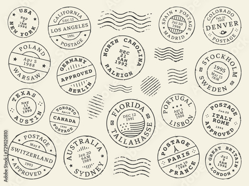Postage and postal stamps and mail post labels, country vintage letter or postcard vector icons. Retro postage or postmark stamps with date seal from New York, Australia Sydney or Texas and California photo