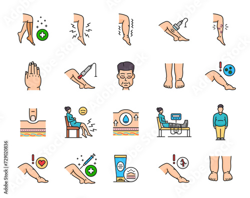 Edema line icons, disease of leg ankle and foot swelling, symptoms and treatment vector symbols. Edema lymphatic vascular or obesity sickness of legs and feet, diagnosis and medical care linear icons