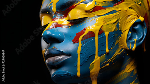 portrait of a woman face smeared with colored paint. glamor and art. © photosaint