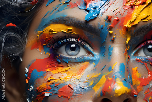 portrait of a woman face smeared with colored paint. glamor and art.