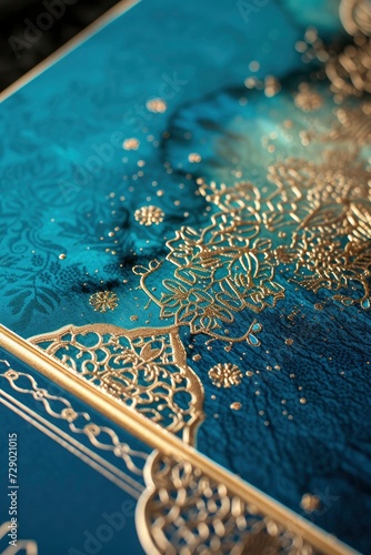 A Simple Beautiful Wedding Invitation Design, Muslim Art Style, Featuring a Harmonious Palette of Gold and Blue in a Striking Graphic Composition.