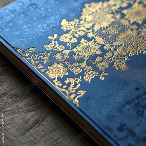 A Simple Beautiful Wedding Invitation Design, Muslim Art Style, Featuring a Harmonious Palette of Gold and Blue in a Striking Graphic Composition.